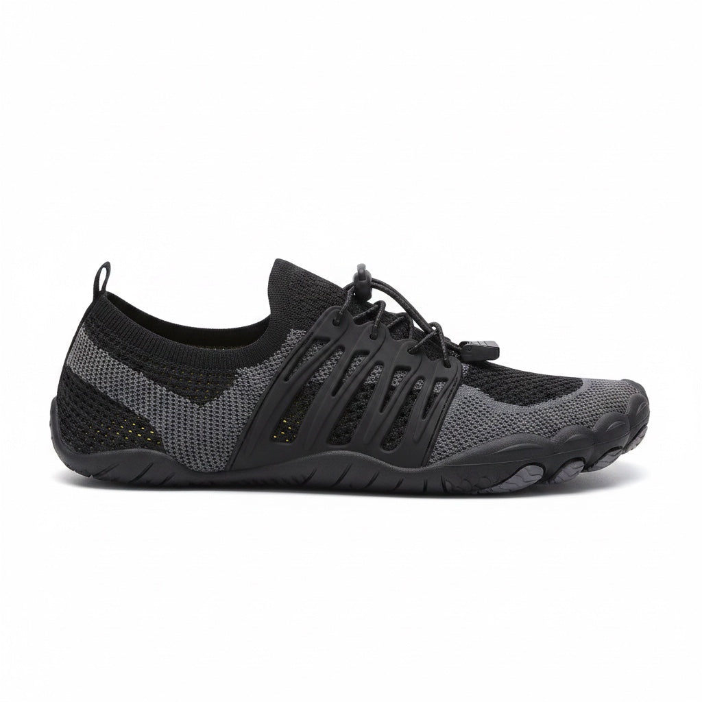 Black unisex barefoot water shoe with breathable upper and flexible textured sole