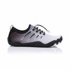 Black and grey barefoot water shoe with flexible rubber sole and breathable upper