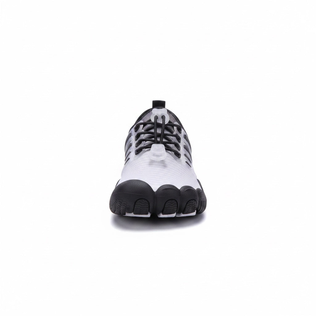 Front view of a black and grey barefoot water shoe showing the rounded toe and flexible sole