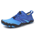 Blue water shoe with black sole.