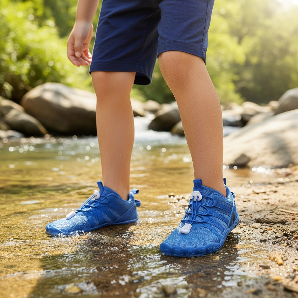 Blue children barefoot shoes with blue laces and blue rubber soles perfect for fitness and waterproof 