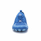 Front view of a blue unisex barefoot shoe with flexible sole and breathable upper