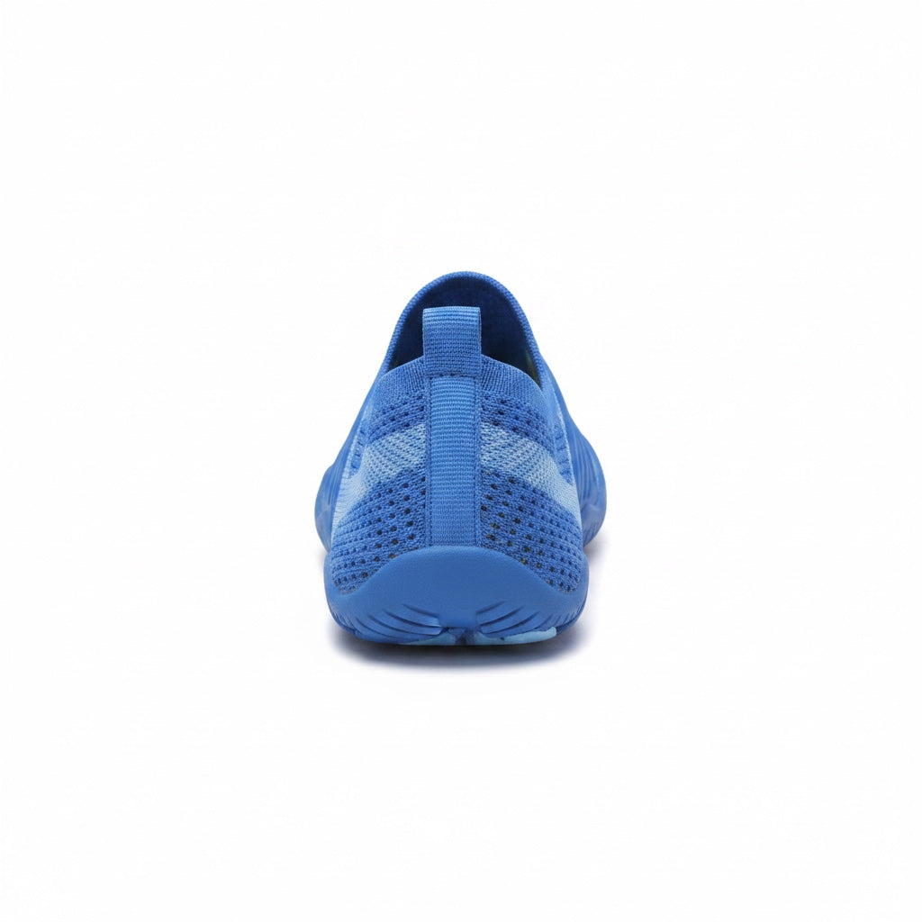 Rear view of a blue barefoot shoe showing the heel and flexible sole