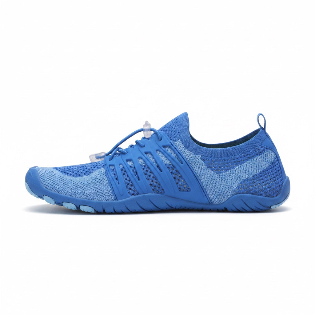 Blue barefoot shoe shown from the side with breathable mesh upper and flexible sole