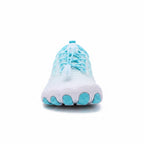 Front view of a light blue barefoot water shoe with a wide flexible toe area
