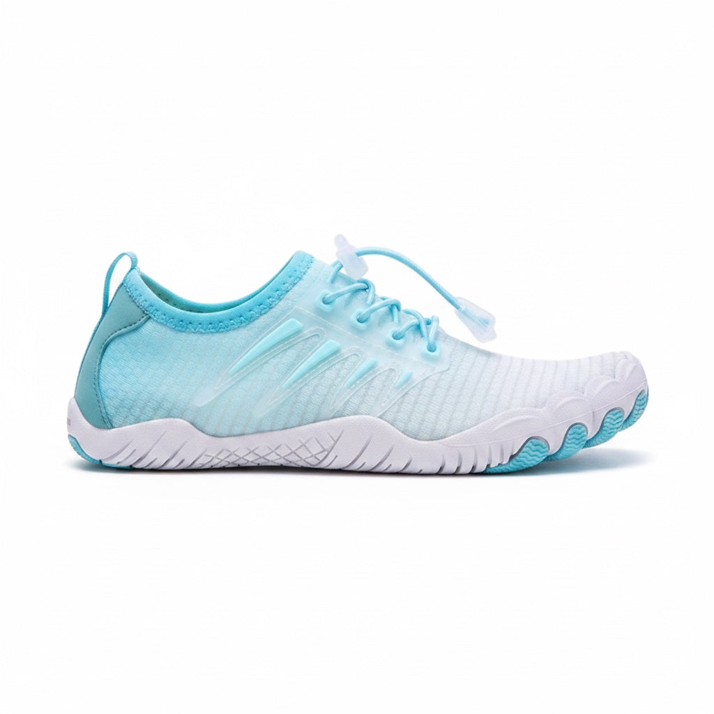 Light blue barefoot water shoe with a flexible rubber sole and breathable upper