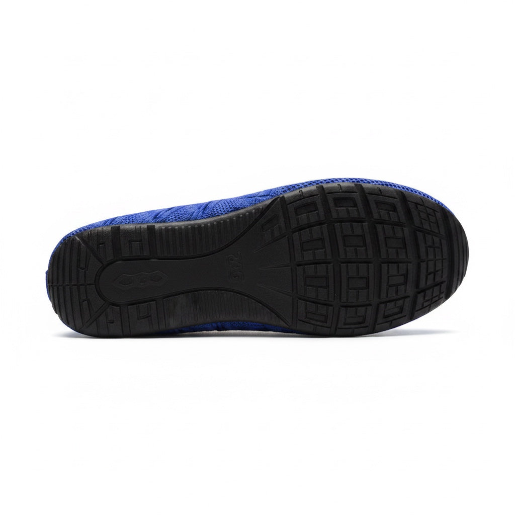 Bottom view of blue water shoe with textured non-slip sole