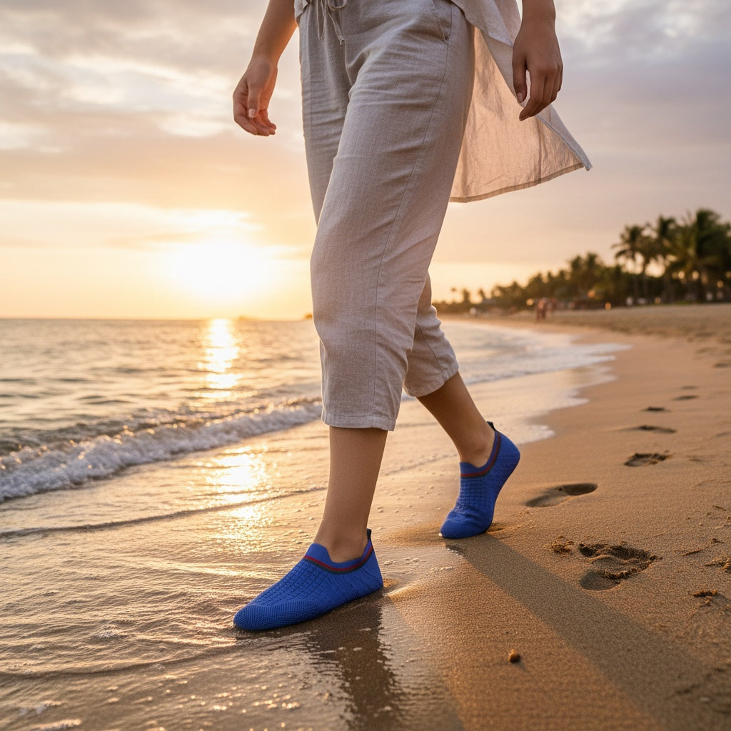 Blue barefoot water shoes worn on a beach
