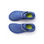 A pair of Children's blue slip on water shoes with lime green interiors and neon green stitching, shown from a top down view.