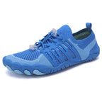 Blue unisex barefoot shoes shown from the side with breathable mesh and flexible soles