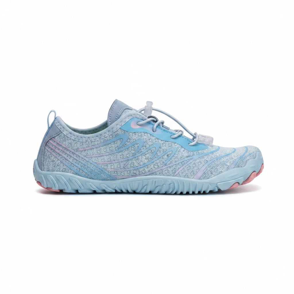 Side profile of the blue barefoot shoe highlighting its lightweight upper and flexible outsole.