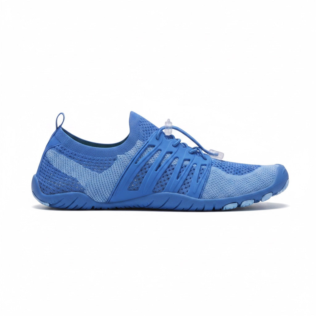Blue unisex barefoot water shoe with breathable mesh upper and flexible textured sole