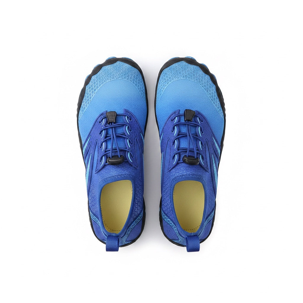 A pair of blue athletic water shoes shown from a top-down view.
