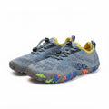 Pair of blue and grey kids water shoes with colourful flexible soles and breathable uppers