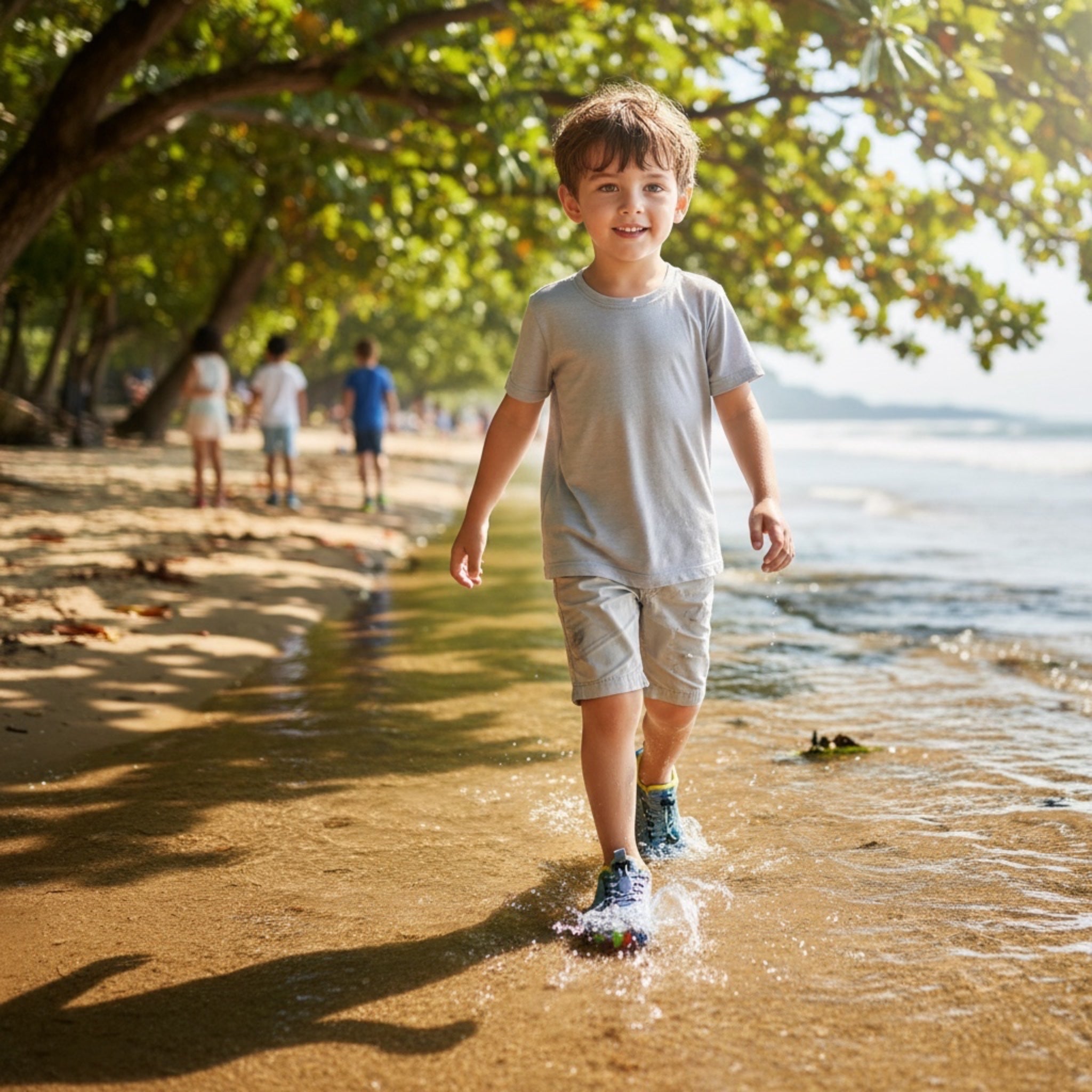 Boy wearing blue and grey water shoes while walking outdoors on a sunny nature trail