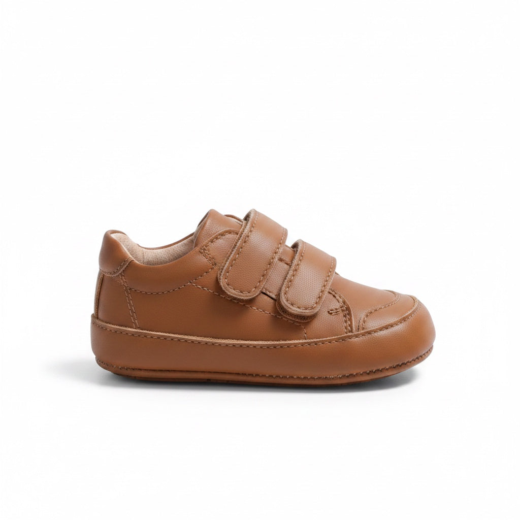 Brown baby first walker shoe with double adjustable straps and flexible sole