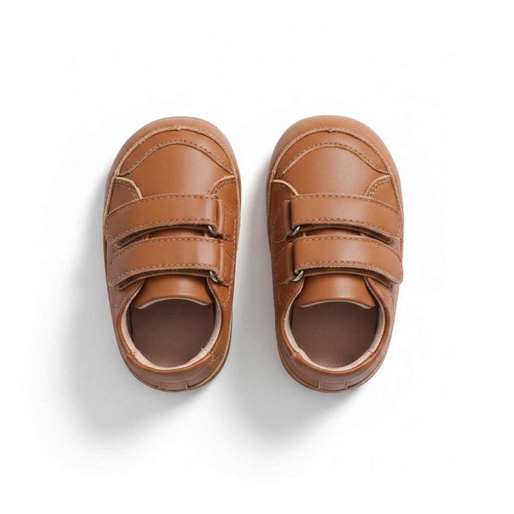 Top view of a pair of brown baby shoes with adjustable straps