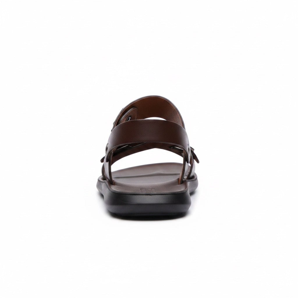 Front view of brown barefoot sandals with adjustable straps and open-toe design
