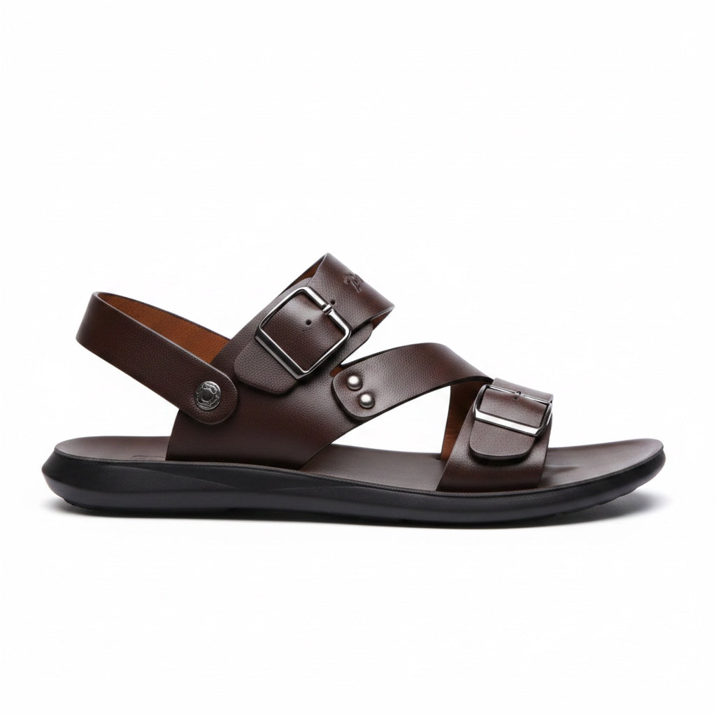 Brown minimalist barefoot sandals with adjustable straps and flexible sole
