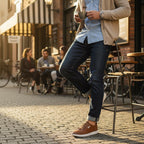 These brown barefoot mens shoes show been worn by a model.comfort and stylish.