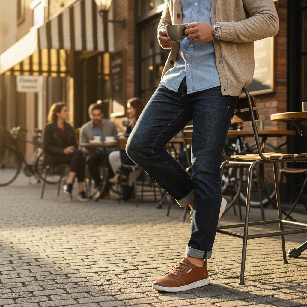 These brown barefoot mens shoes show been worn by a model.comfort and stylish.