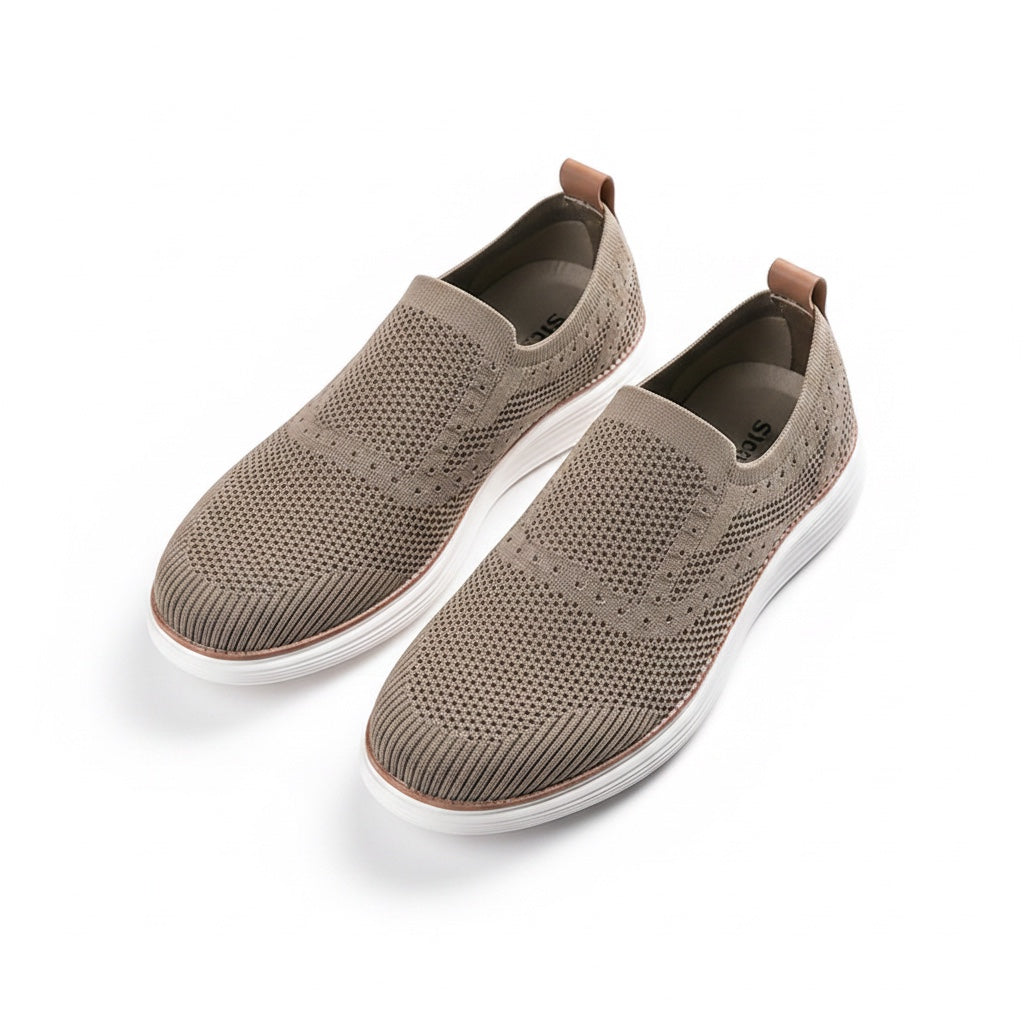 A pair of slip On knit Loafers Shoes in taupe brown with white soles.