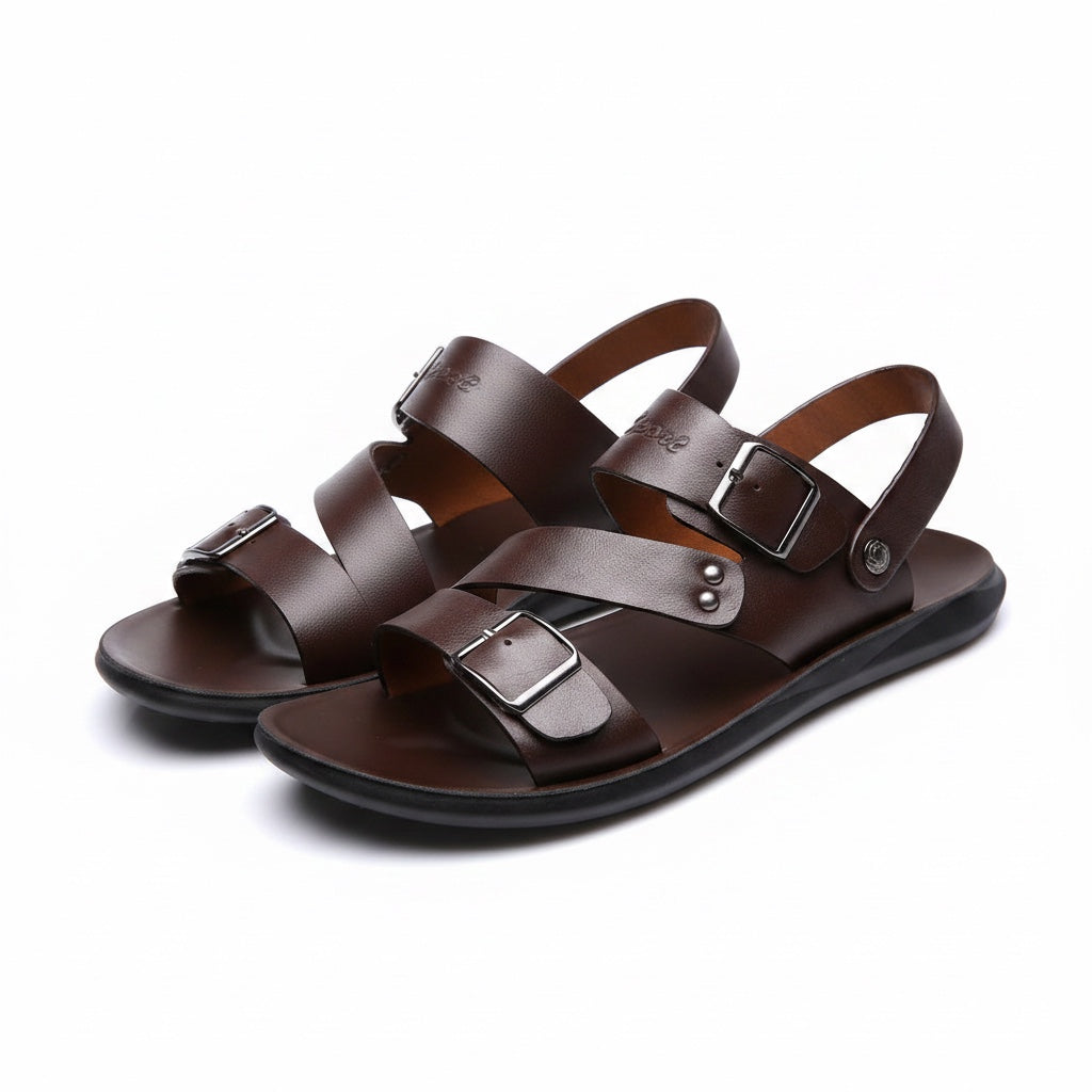Pair of brown minimalist barefoot sandals with adjustable straps