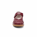 Front view of a burgundy women's comfort sandal with adjustable strap