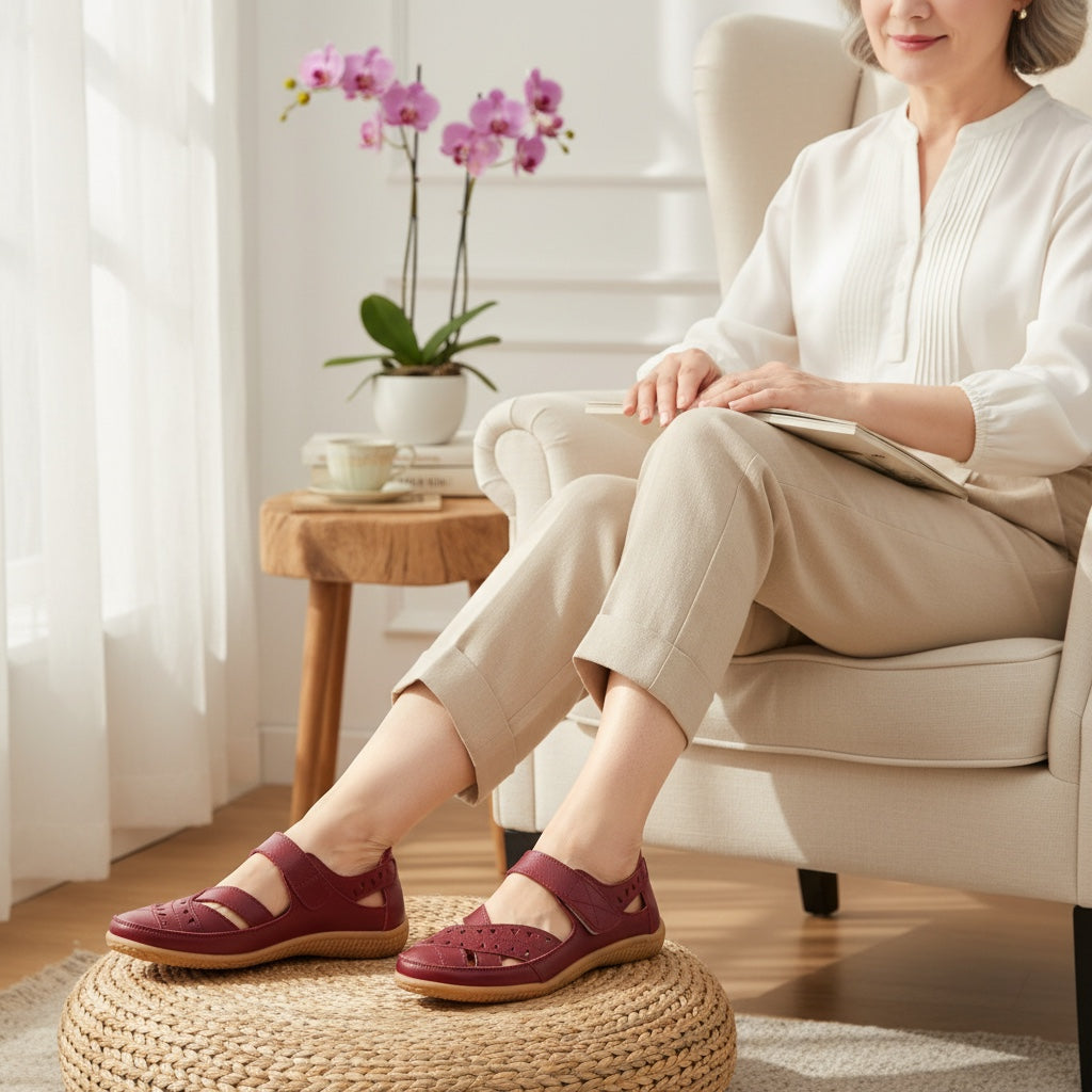 Woman wearing burgundy comfort sandals while relaxing in a bright indoor setting