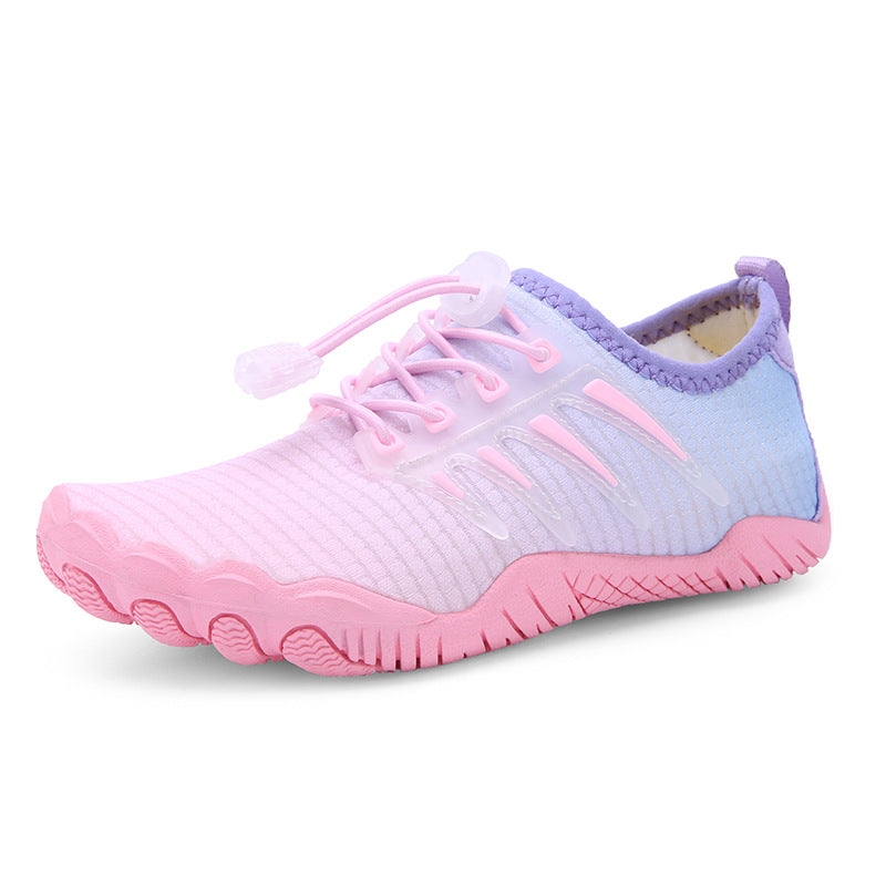 Pink and purple sneakers with pink laces