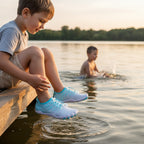 Child wearing blue barefoot water shoes while sitting near the water at the beach