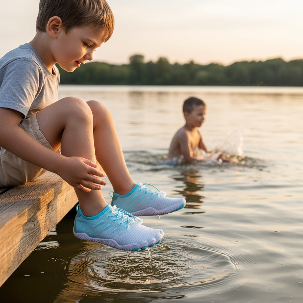 Child wearing blue barefoot water shoes while sitting near the water at the beach