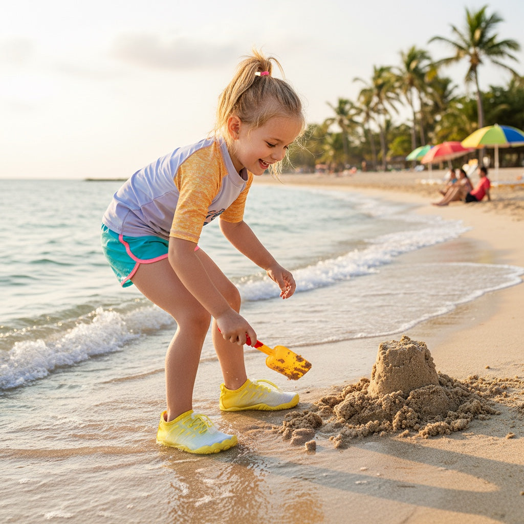 Child wearing yellow barefoot water shoes while playing in the sand at a tropical beach