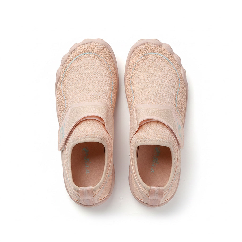 A pair of light pink slip on mesh Children's  Barefoot shoes , shown from a top-down view 