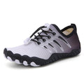 White and black athletic shoes.