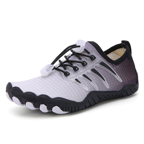 White and black athletic shoes.
