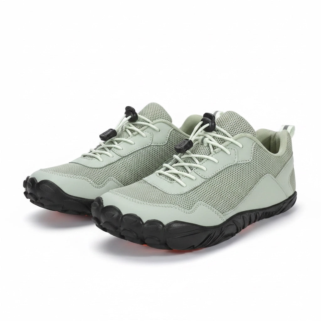 Green mens barefoot shoes with a black and orange sole. Perfect for socialising gives all day comfort.