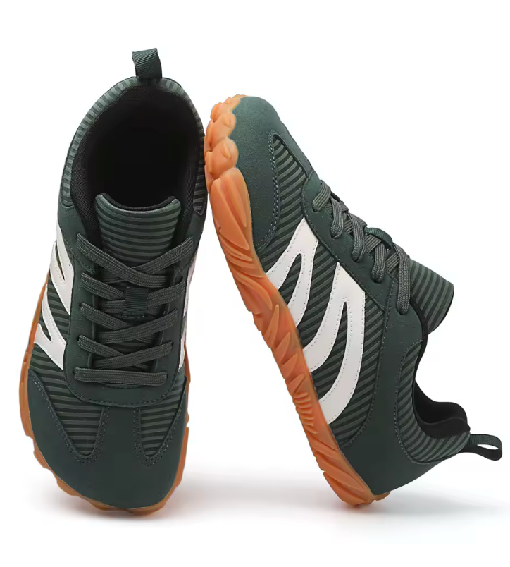 Green non slip with brown sole, wide toe for natural movement.
