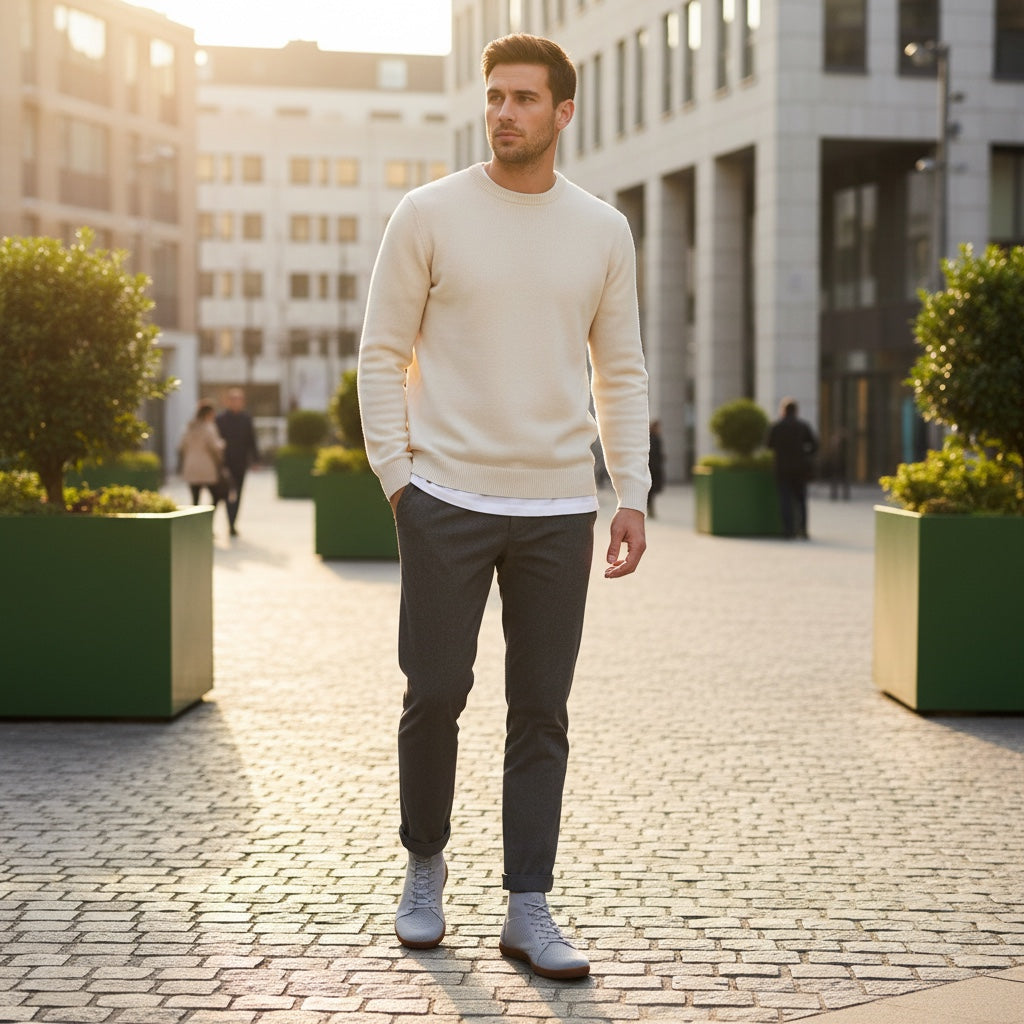 Grey mens barefoot shoes made for quality all day comfort. wide toe for natural movement. 