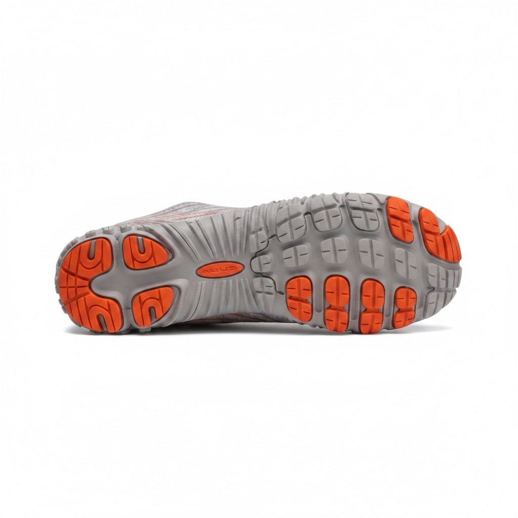Bottom view showing the textured grey outsole with orange grip sections.