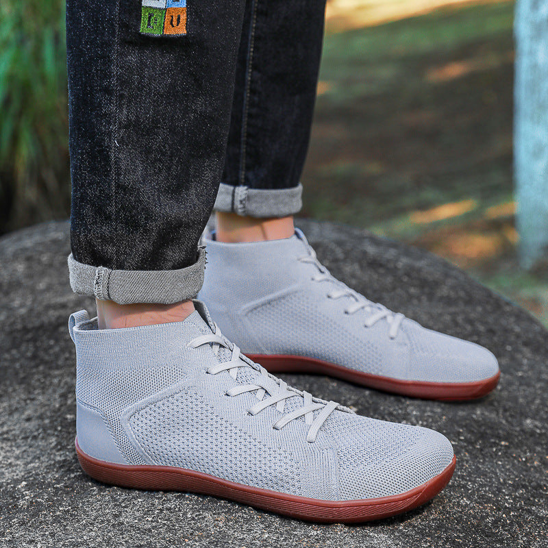 Grey mens barefoot shoes for wide toe and natural movement. made with high quality knit material.