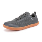 Grey Barefoot shoes with brown rubber soles. wide toe for natural movement and comfort