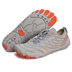 Pair of grey barefoot shoes showing the lightweight construction and flexible outsole.