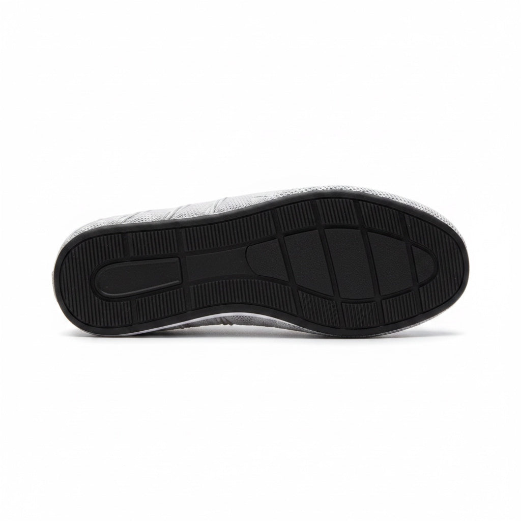 Bottom view of grey water shoe with textured non-slip sole