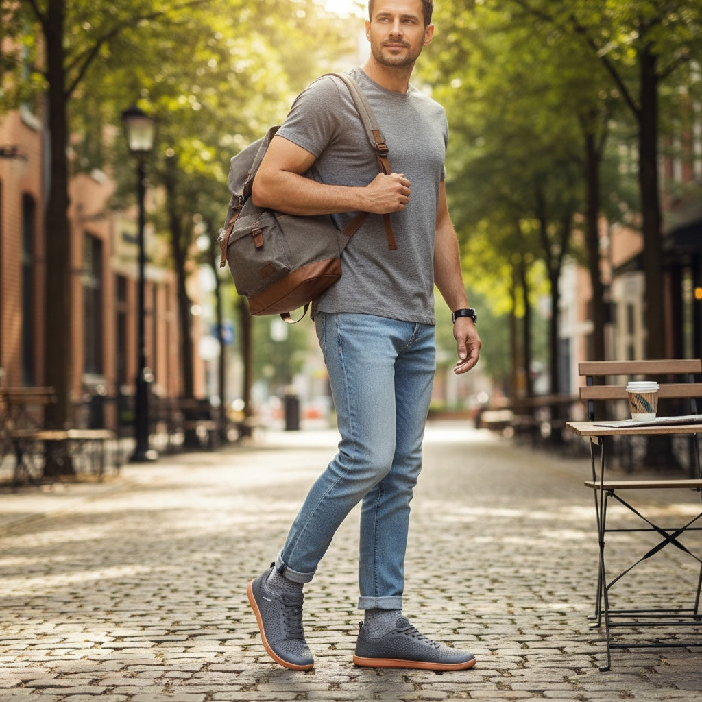 Grey barefoot male shoes with wide toe, natural comfort and movement 