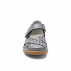 Front view of a grey women's comfort sandal with adjustable strap