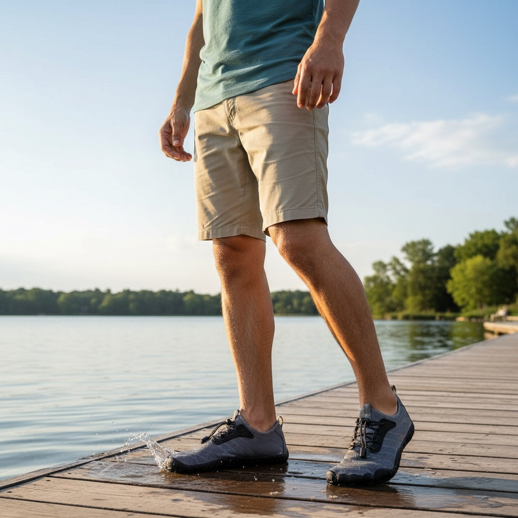 Grey Flow barefoot shoes with black sole. Wide toe for natural movement  and all day comfort.