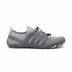 Grey unisex barefoot water shoe with breathable mesh upper and flexible textured sole