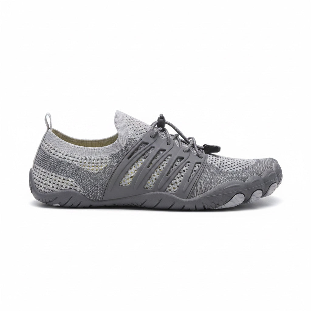 Grey unisex barefoot water shoe with breathable mesh upper and flexible textured sole