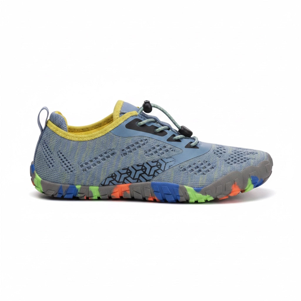 Blue and grey kids water shoes with colourful flexible rubber sole and breathable upper